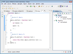 JavaScript with JsDoc Markup in Eclipse IDE showing resultant Outline View