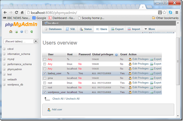 Screenshot - phpMyAdmin showing a "good" and "bad" user.