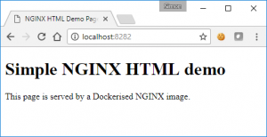 A browser with one tab showing the page at localhost:8282 with the content "Simple NGINX HTML demo. This page is served by a Dockerised NGINIX image."