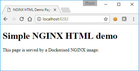 A browser with one tab showing the page at localhost:8282 with the content "Simple NGINX HTML demo.  This page is served by a Dockerised NGINIX image."