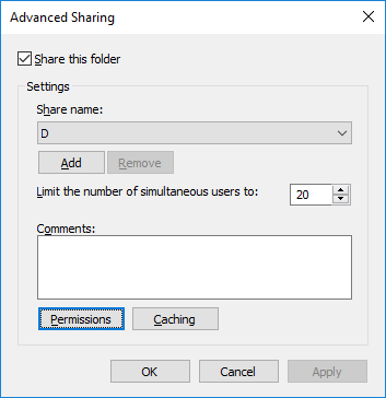 The Windows Advanced Sharing Dialog for my D drive.
