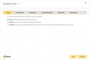 Norton Security Firewall - Add Rule: Action tab