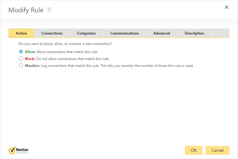 Norton Security Firewall - Add Rule: Action tab with 'Allow' selected.