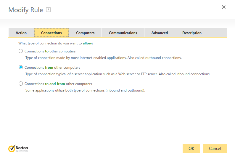 Norton Security Firewall - Add Rule: Connections tab with 'Connections from other computers' selected.