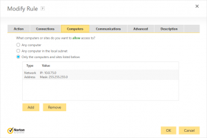 Norton Security Firewall - Add Rule: Computers tab with 'Only the computers and sites listed below' selected. Network IP address 10.0.75.0 has been added with mask 255.255.255.0.