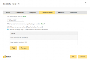 Norton Security Firewall - Add Rule: Communications tab with 'TCP and UDP' selected, and 'The rule will apply only if it matches all of the ports listed below'. Ports 445 and 139 have been added.