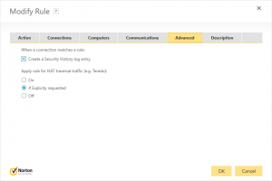 Norton Security Firewall - Add Rule: Advanced tab with 'Create a Security History log entry ' checked and 'Of Explicitly requested' selected.