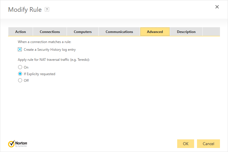 Norton Security Firewall - Add Rule: Advanced tab with 'Create a Security History log entry ' checked and 'Of Explicitly requested' selected.