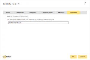 Norton Security Firewall - Add Rule: Description tab with a description of 'Docker Firewall Rule'.