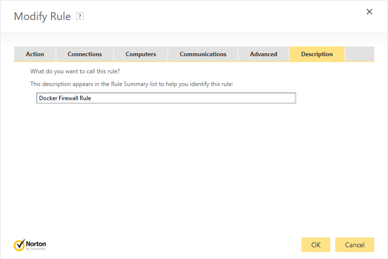 Norton Security Firewall - Add Rule: Description tab with a description of 'Docker Firewall Rule'.