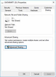 The Sharing tab in my D drive properties dialog.