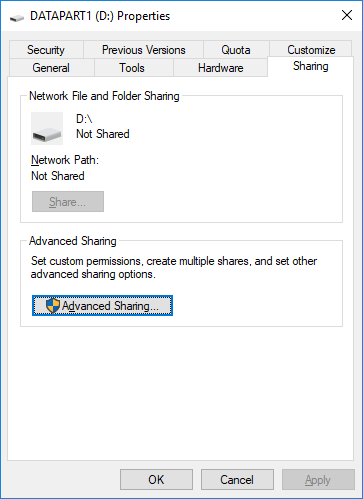 The Sharing tab in my D drive properties dialog.