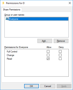 Windows Permissions diaglog for my D drive.