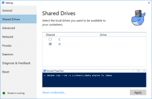 The Docker for Windows settings dialog showing the Shared Drives tab. The C and D drives are shown with D selected and an Apply button at the bottom.