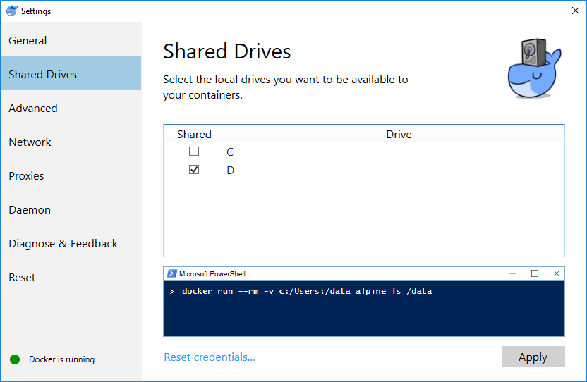 The Docker for Windows settings dialog showing the Shared Drives tab.  The C and D drives are shown with D selected and an Apply button at the bottom.