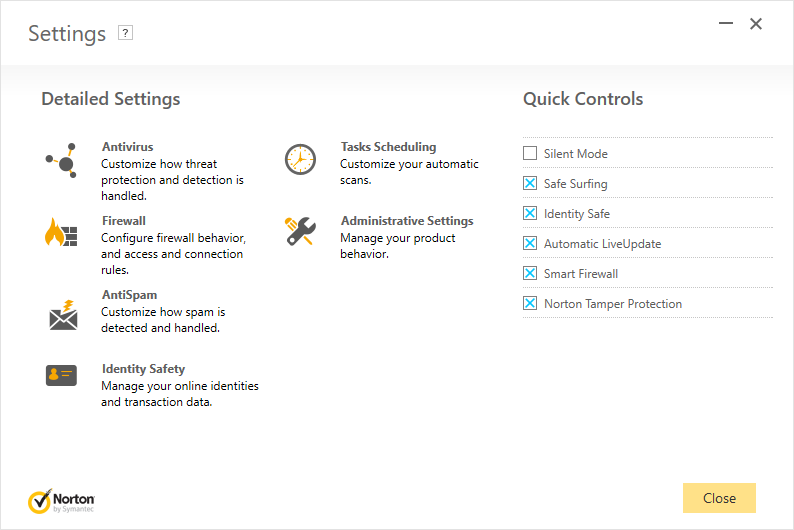 The Norton Security settings dialog.