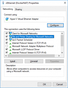 Screenshot of the vEthernet (DockerNAT) Properties dialog with File and Printer Sharing for Microsoft Networks selected.