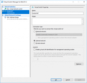 Hyper-V Manager - Virtual Switch Manager showing DockerNAT network switch