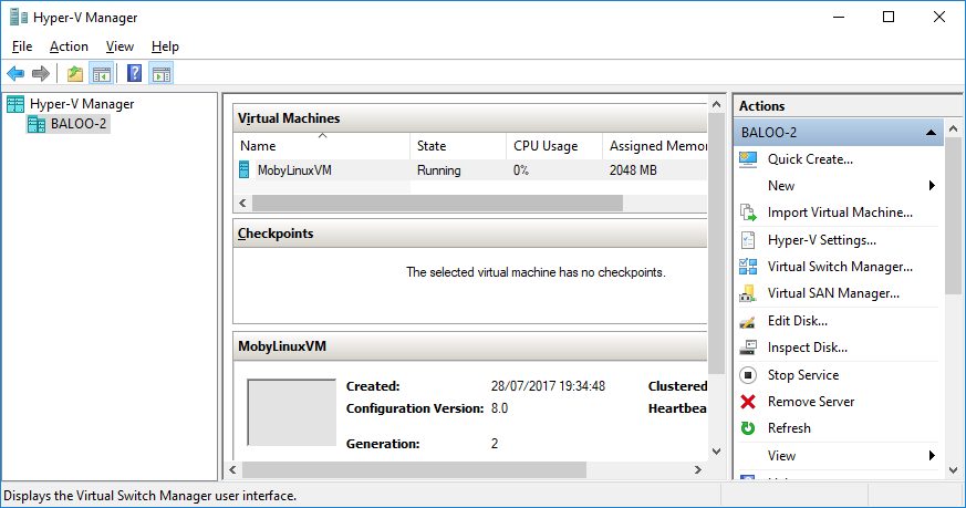 Hyper-V Manager showing the MobyLinuxVM