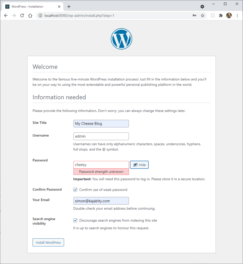 The famous five-minute WordPress installer step 1 - Information needed. Enter the site title, a username and password and email address.