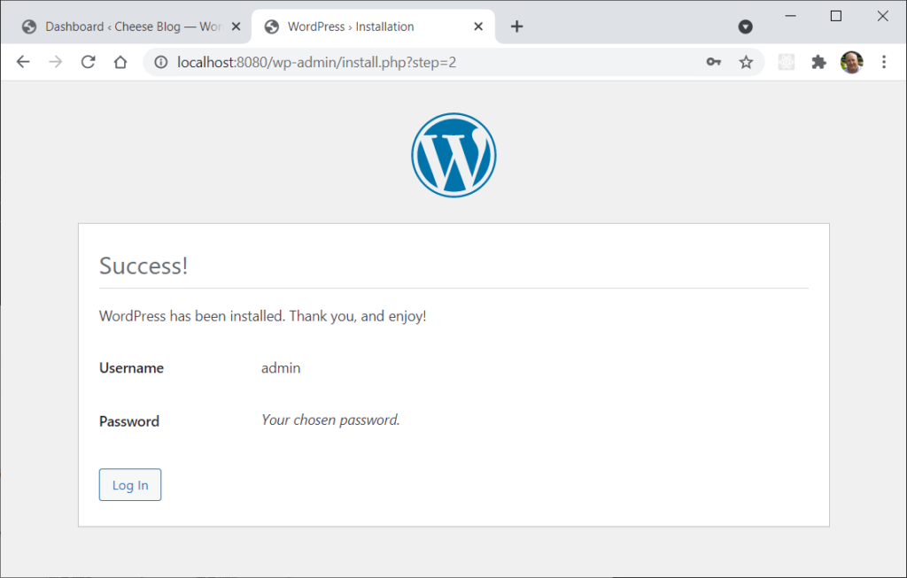 The famous five-minute WordPress installer step 2 page – success.