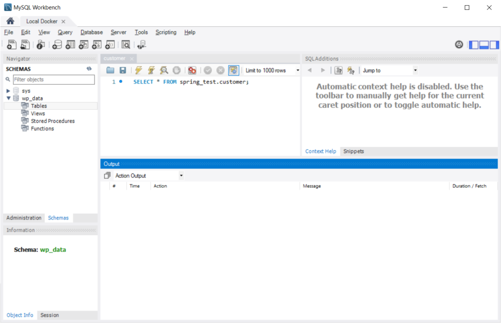 A screenshot of the MySQL Workbench view of the empty WordPress database schema.