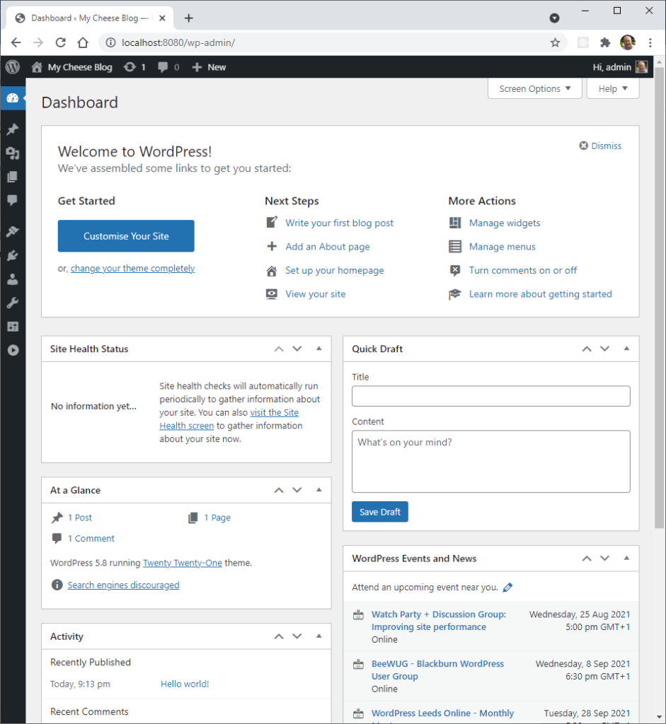 The WordPress Dashboard on first login after installation.