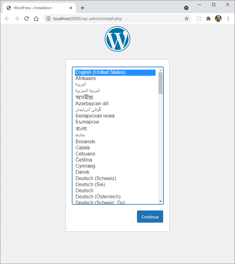 WordPress installer language selection page