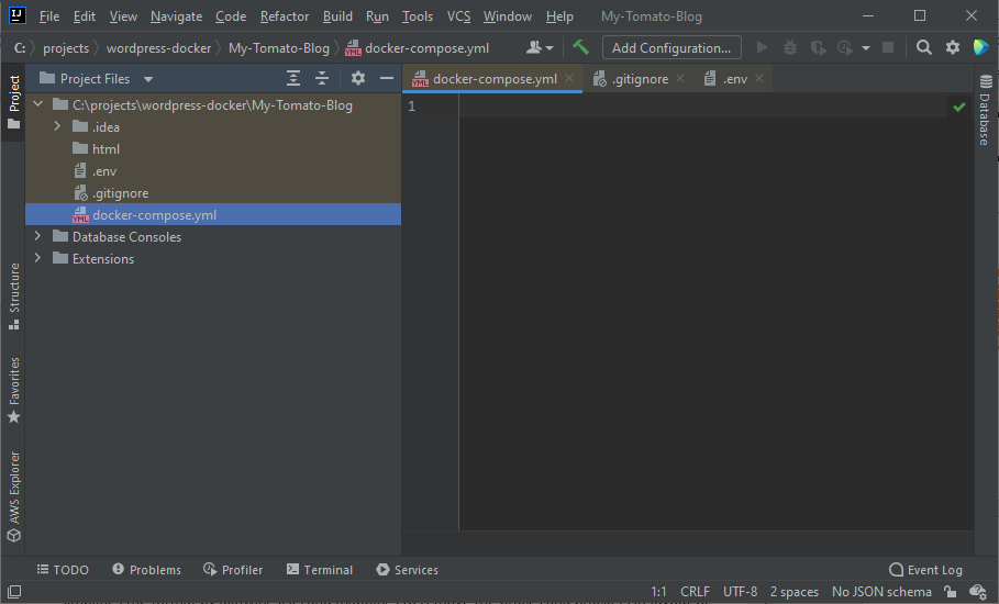 A screenshot of JetBrains IntelliJ IDEA IDE with the initial, empty My Tomato Blog project and files.