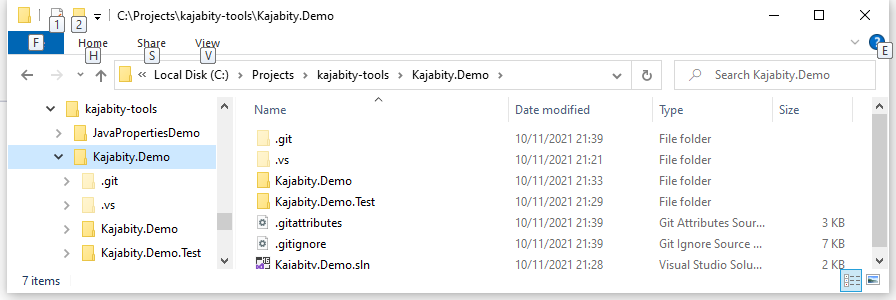 Screenshot of the Kajabity.Demo solution folder in Windows Explorer showing added Git configuration files.