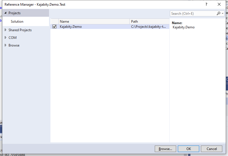 Screenshot of the Reference Manager for the Kajabity.Demo.Test project showing the Kajabity.Demo project selected as a reference.