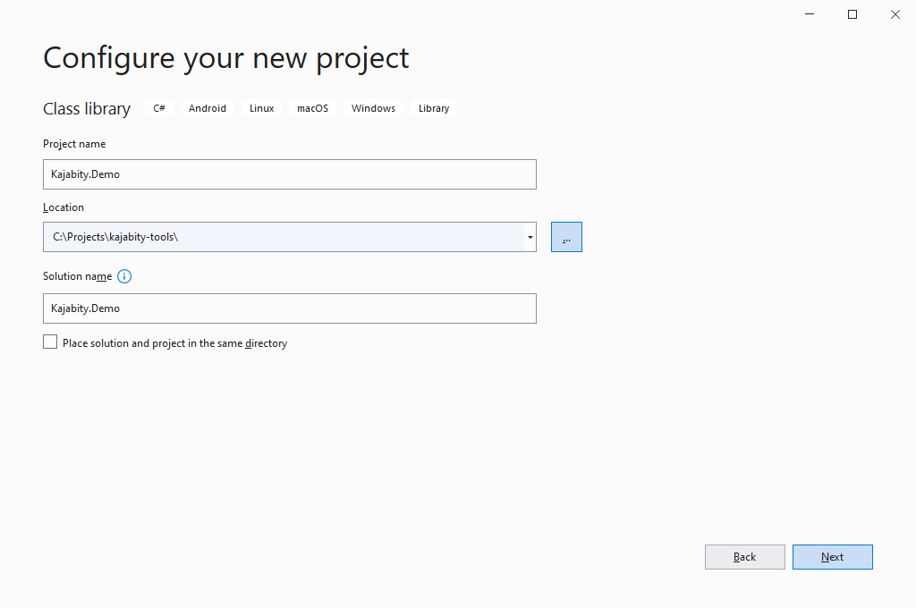 Screenshot of the Visual Studio 2019 Configure your new project step populated with project and solution name “Kajabity.Demo”, and a project location.