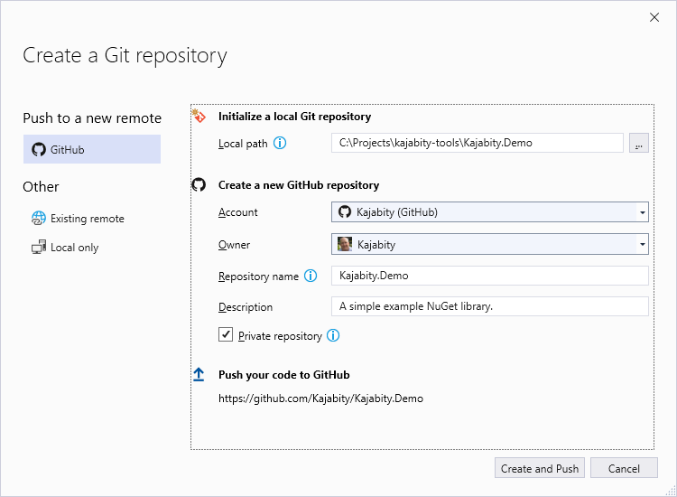 Screenshot of the Create a Git repository dialog in Visual Studio 2019 with GitHub details populated.