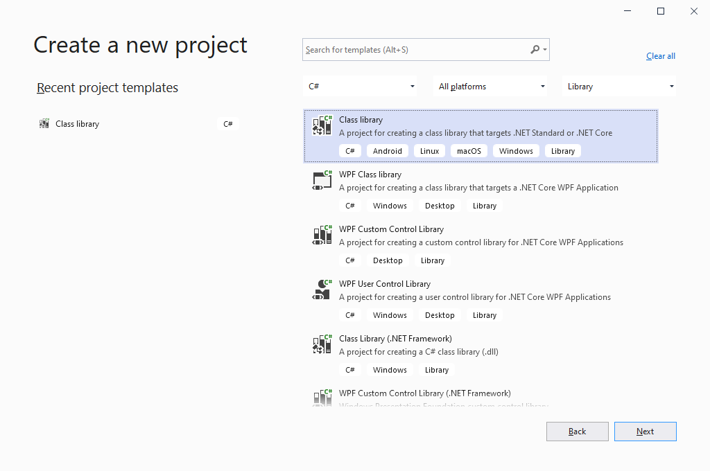 Screenshot of the Visual Studio 2019 Create a New Project showing a recent project template and the C# Class library project template highlighted.