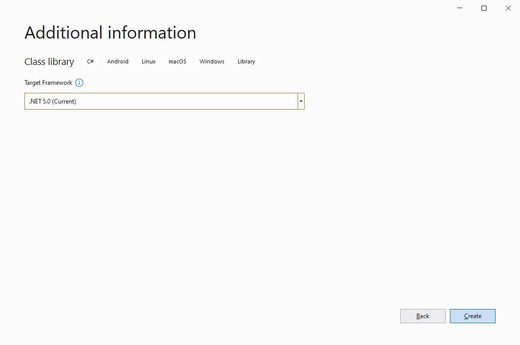 Screenshot of the Visual Studio 2019 New Project Additional Information step showing .NET 5.0 selected as the target framework.