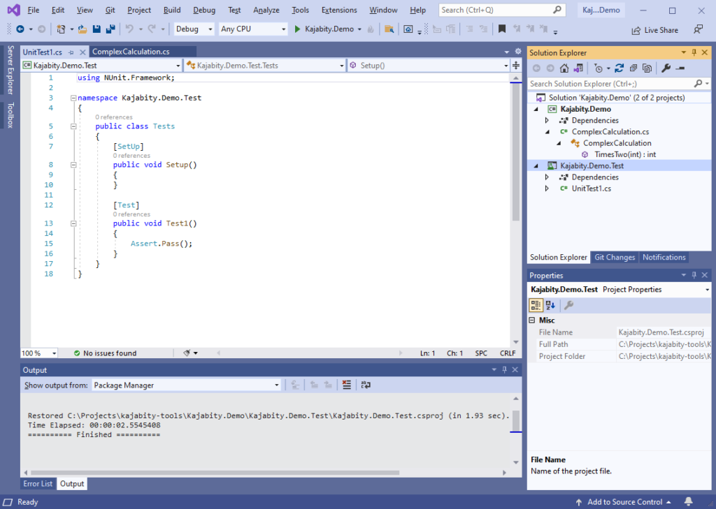 Screenshot of the newly created NUnit test project in Visual Studio 2019.
