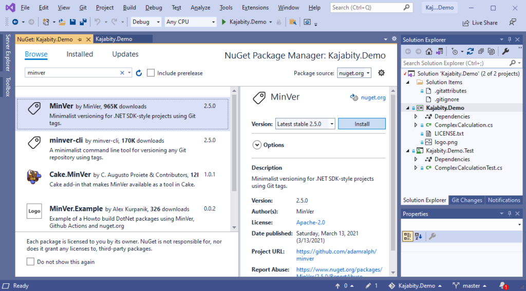 Screenshot of the Visual Studio 2019 Package Manager browse tab, with MinVer selected ready to install.