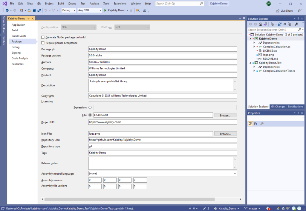 Screenshot of the completed package properties settings for the Kajabity.Demo NuGet project in Visual Studio 2019.