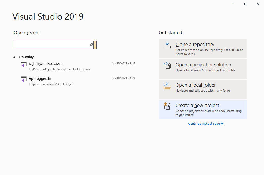 Screenshot of the Visual Studio 2019 start page showing recent projects and buttons to clone a repository, open a project or solution, open a local folder or create a new project (highlighted).