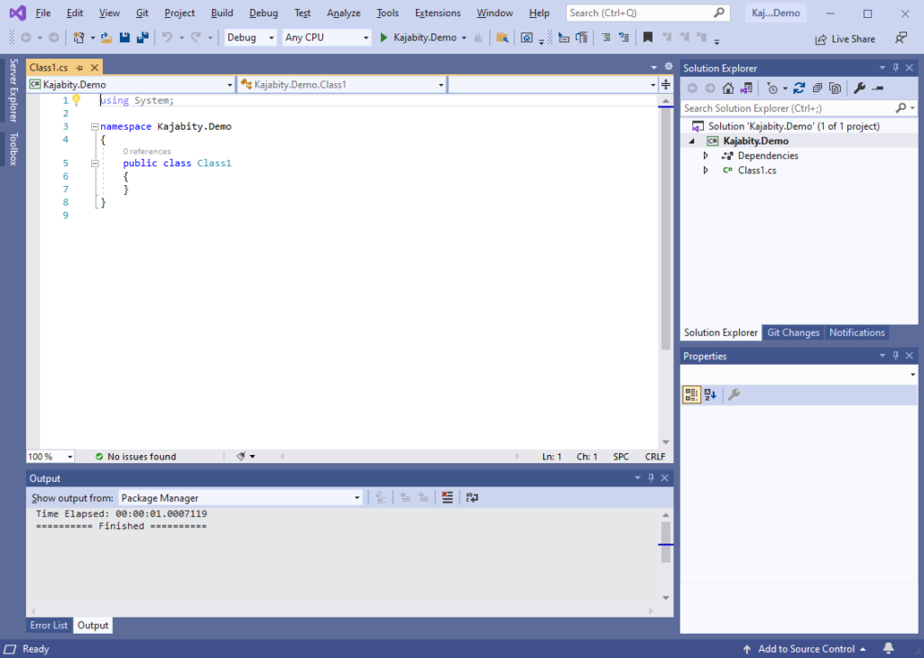 Screenshot of Visual Studio 2019 showing the new project once created.