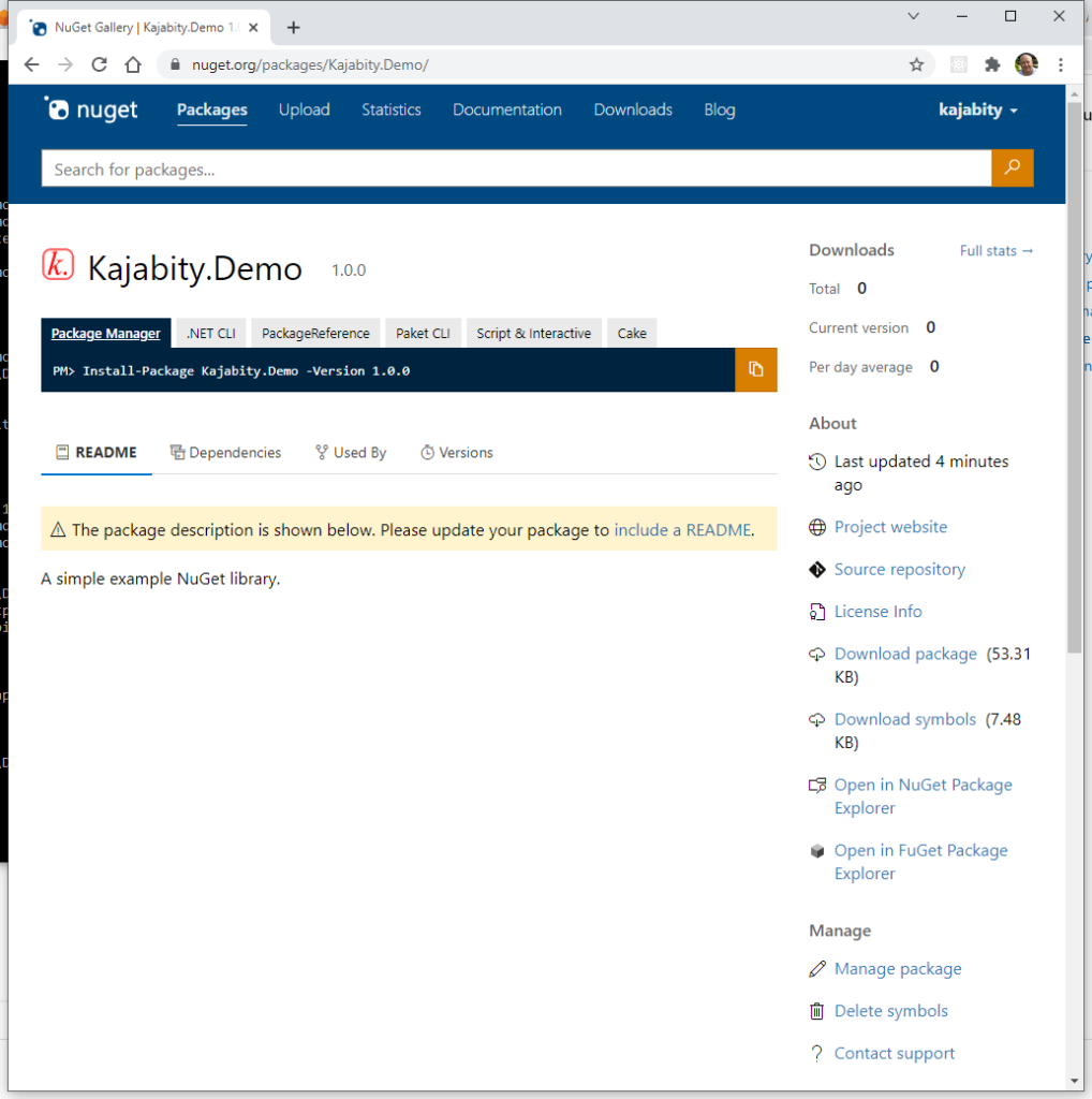 Screenshot of the Kajabity.Demo package version 1.0.0 on NuGet.org when first uploaded.