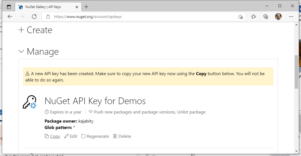 Screenshot of a newly created API key for uploading packages.